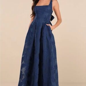 Navy jacquard tie-back maxi dress